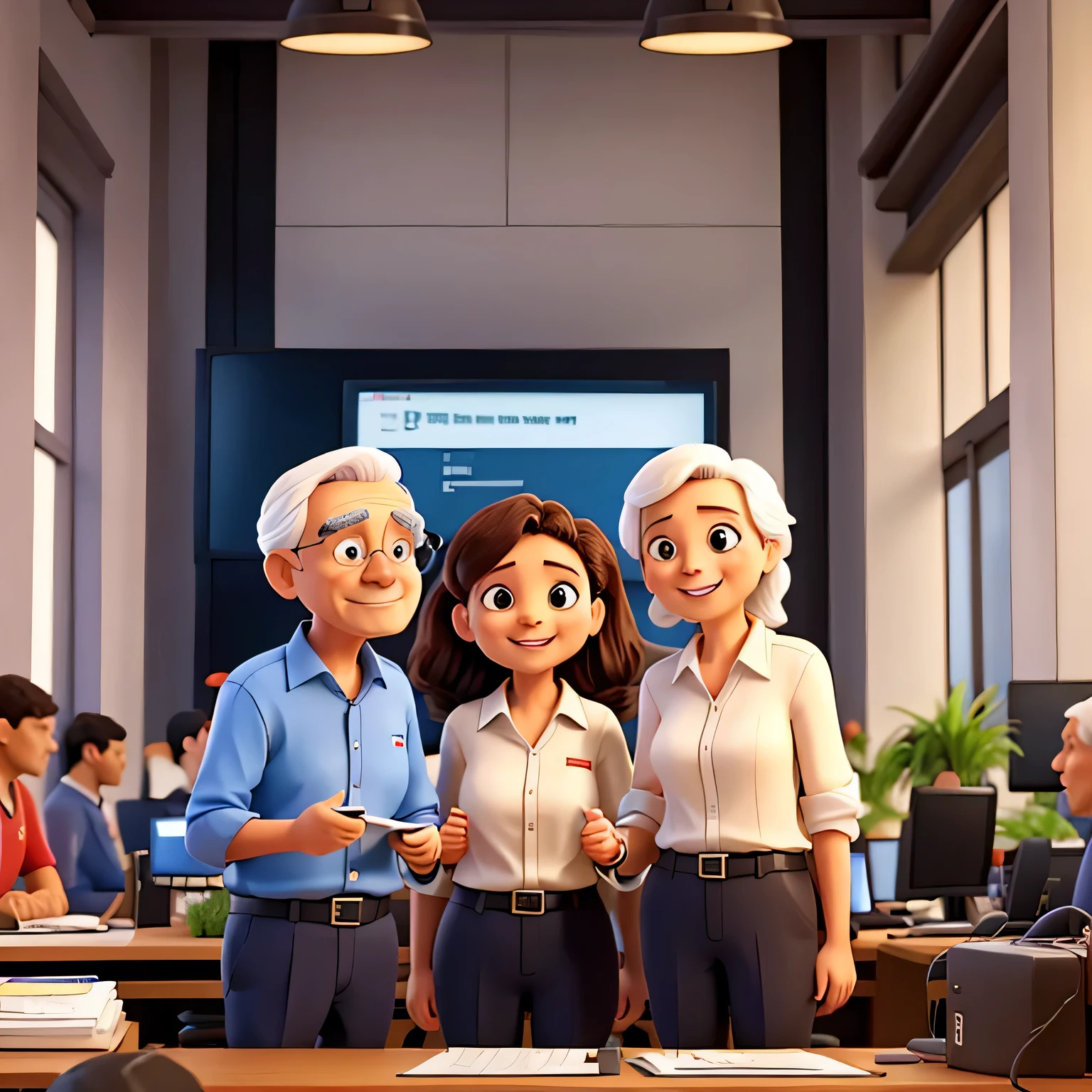 People from each generation talk to each other in the company workplace.