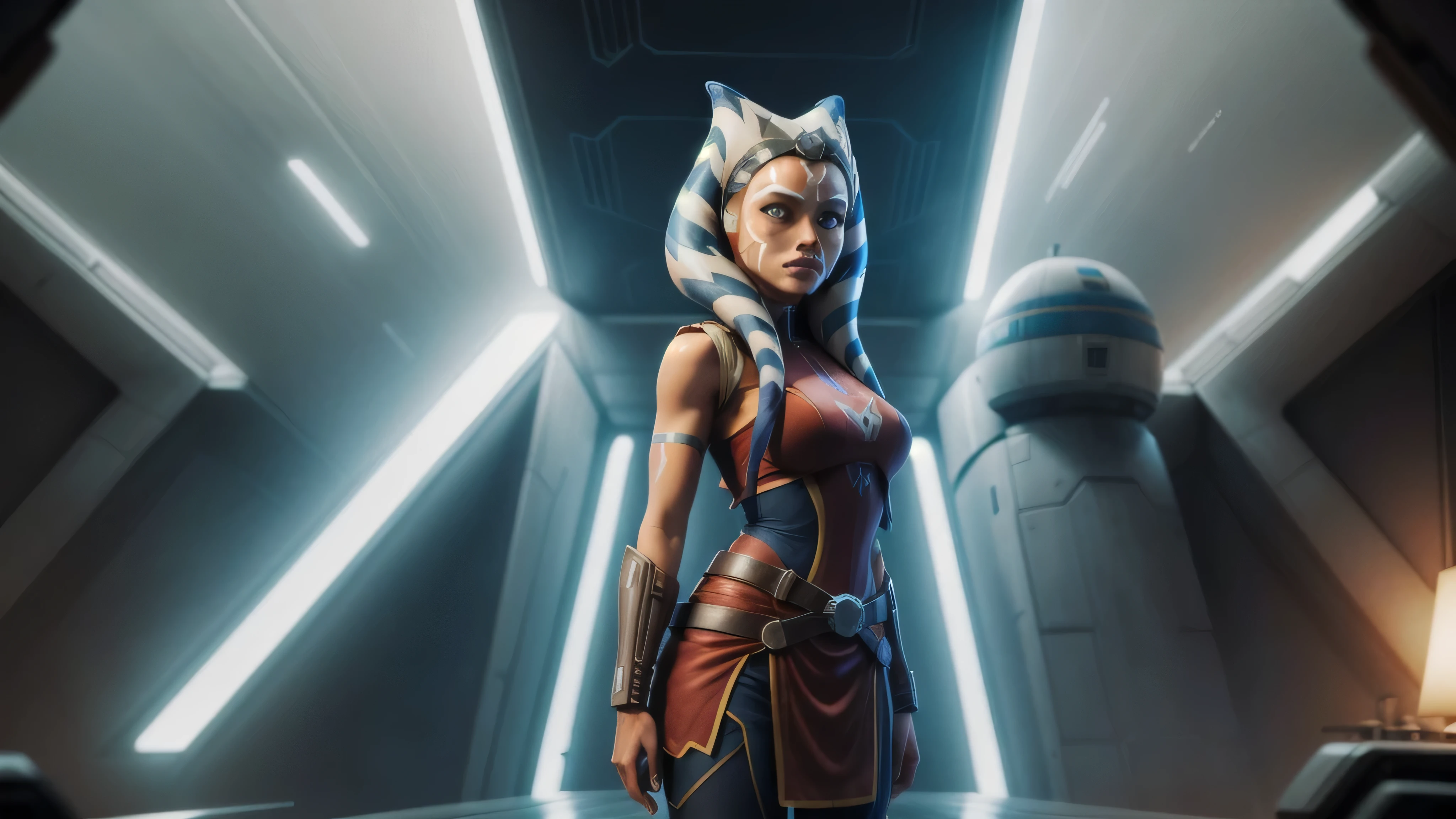 ahsoka tano, , portrait of ahsoka tano, RED DRESS , SEXY POSE , big ass mara jade skywalker, mara jade, a solo, leeloo outfit,, dark blue segmented armor, style of starfinder, inspired by Eve Ryder, femshep, standing in front of a starfield outside of a starship window