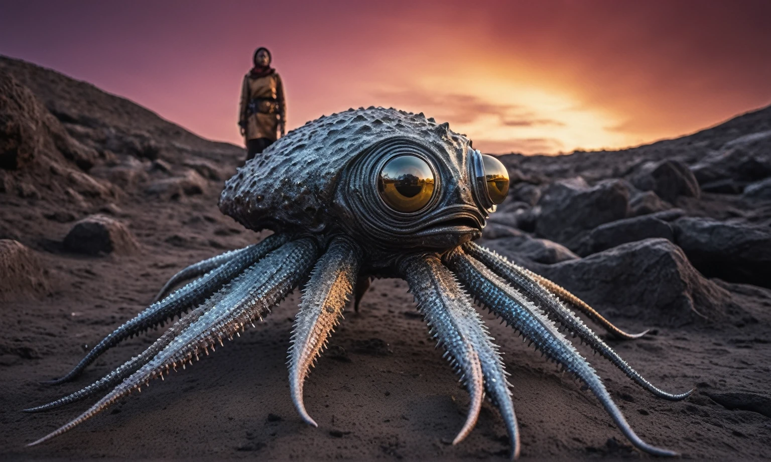 full body length shot,stupid graphite  Alien Entity,native africa ,Finnish Lapland,Cinematic,soft colors, Technicolor,natural skin textures, hyper realism, hyper detailed,Extremely detailed,High contrast,Masterpiece,Realistic,Ultra Detailed, intricate details,realistic humid leather,extremely intricate details,Epic Realistic, cinematic style, irina yermolova,high contrast,hdr,extremely detailed, [deep night landscape],masterpiece, intricate details, eyes extremely detailed, high detailed eyes,8k resolution,retina, Nikon Z9,orcian Egypt, Pisces, transition between two art styles,full body length, Double contact, X-ray, Creative, vivid light, fantasy, Abstract, Surrealism, super detailed, high resolution,insanity national folk wear,skin  almost translucent, gothic elements,Mestichino,Light particles,chaos,starfish's leather,"(The best lighting, dark, dramatic), terror.),(fish eyes, in USSR ,sunset Yellow White Pink Rusty, Ambient in a meteorite crater 