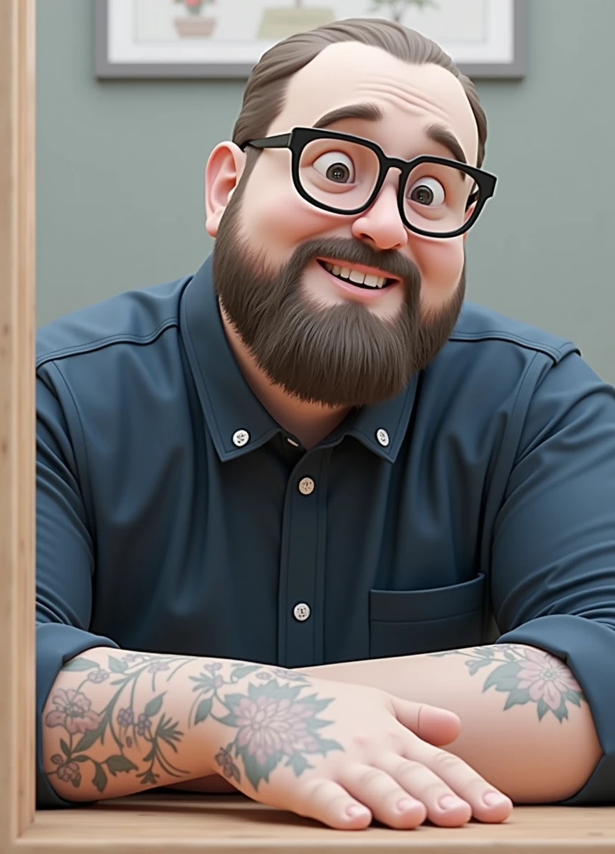 Cartoon character of a man in black glasses and blue shirt, an animated character, stylized character, animation style rendering, 3d stylized, Arnold Maya rendering, Stylized 3D rendering, toon render screenshot, 3d character, 3d character, Stylized 3D rendering, 3D character rendering, cartoon character, Personagem de close up, character posing, (Pixar-style) (master part:1.2) (bokeh) (best qualityer) (skin detailed) (detailed texture) (8k) (Argilla) (cinematic lighting) (sharp focus,Sit down and lift your upper body