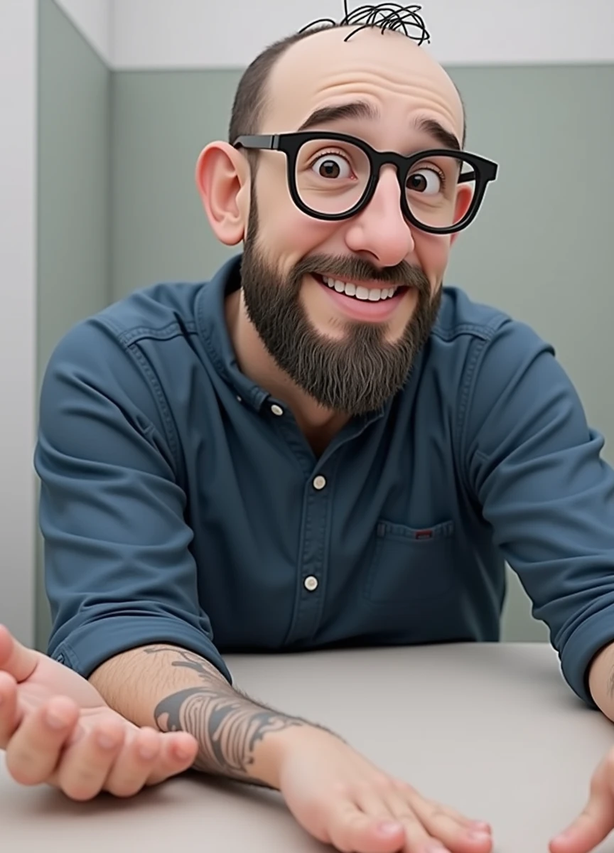 Cartoon character of a man in black glasses and blue shirt, an animated character, stylized character, animation style rendering, 3d stylized, Arnold Maya rendering, Stylized 3D rendering, toon render screenshot, 3d character, 3d character, Stylized 3D rendering, 3D character rendering, cartoon character, Personagem de close up, character posing, (Pixar-style) (master part:1.2) (bokeh) (best qualityer) (skin detailed) (detailed texture) (8k) (Argilla) (cinematic lighting) (sharp focus,Sit down and lift your upper body