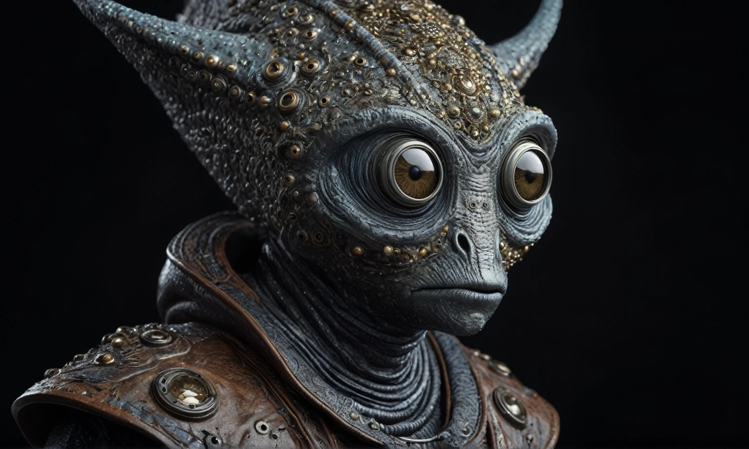 full body length shot,nerd graphite  Alien Entity,native africa ,azctec Finnish Lapland,Cinematic,soft colors, Technicolor,natural skin textures, hyper realism, hyper detailed,Extremely detailed,High contrast,Masterpiece,Realistic,Ultra Detailed, intricate details,realistic humid leather,extremely intricate details,Epic Realistic, cinematic style, irina yermolova,high contrast,hdr,extremely detailed, [deep night landscape],masterpiece, intricate details, eyes extremely detailed, high detailed eyes,8k resolution,retina, Nikon Z9,Korea,orc,Egypt, Pisces, transition between two art styles,full body length, Double contact, X-ray, Creative, vivid light, fantasy, Abstract, Surrealism, super detailed, high resolution,insanity national folk wear,skin  almost translucent, gothic elements,Mestichino,Light particles,chaos,starfish's leather,"(The best lighting, dark, dramatic), terror.),(fish eyes, insane whith a Big ONE a Only Eye ,USSR style, and helmet Style,  camouflage brown grey Rusty, Ambient in a meteorite crater super detailed, 