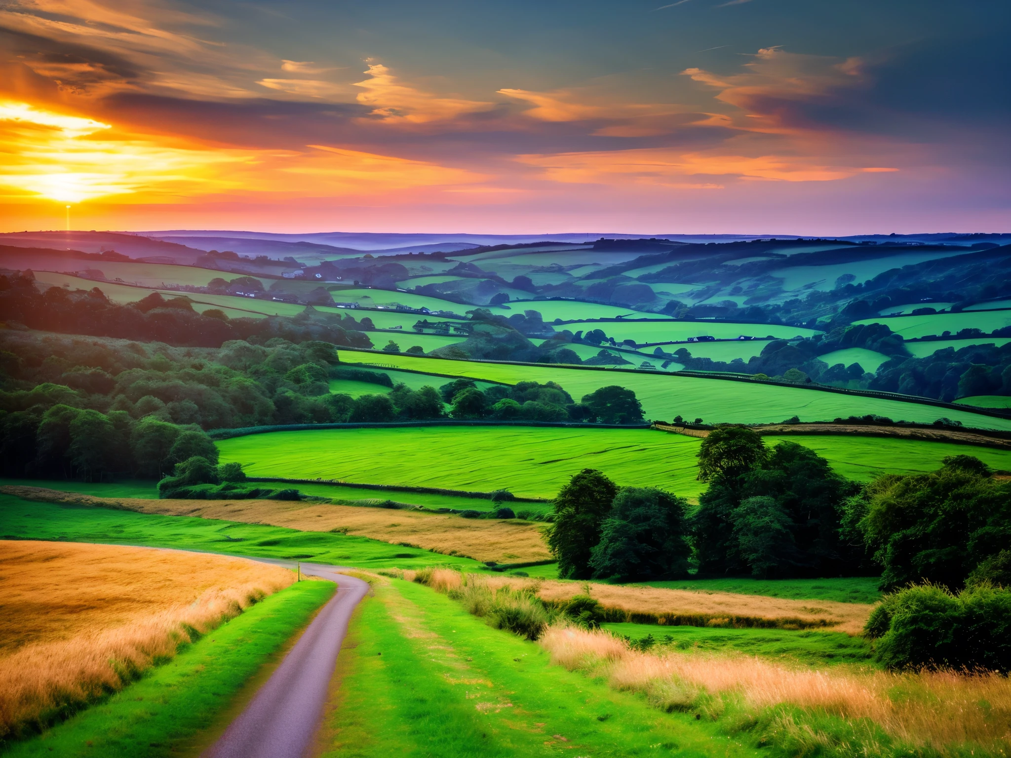 Original landscape,Sky and clouds,Tyndall effect,A country road,Colorful hot air balloon,Tyndall effect,Tyndall effect,High quality desktop wallpaper, Verdant forest, Detailed field properties, Beautiful English countryside, Stunning scenery, Rolling Hills, Landscape Wallpaper, Lush countryside, Green forests, Stunning scenery, Green fields in the background, High quality wallpaper, Beautiful wallpapers,Ultra high quality,Ultra HD,Ultra-high resolution