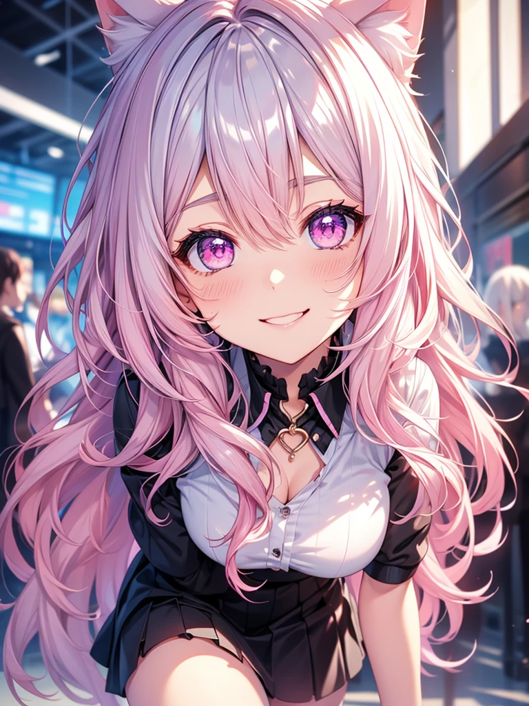 Center of chest,pretty girl,Cat ear,Beautiful silver hair,Pink inside,Beautiful pink eyes,black shirt,black skirt,smile