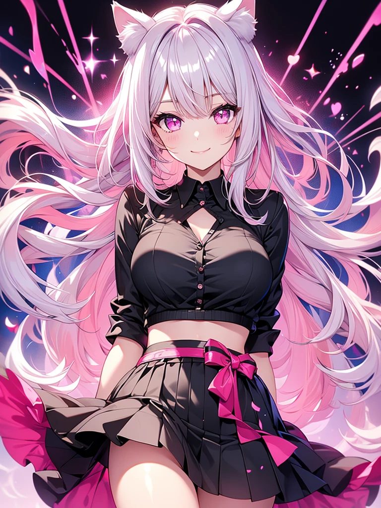 Center of chest,pretty girl,Cat ear,Beautiful silver hair,Pink inside,Beautiful pink eyes,black shirt,black skirt,smile