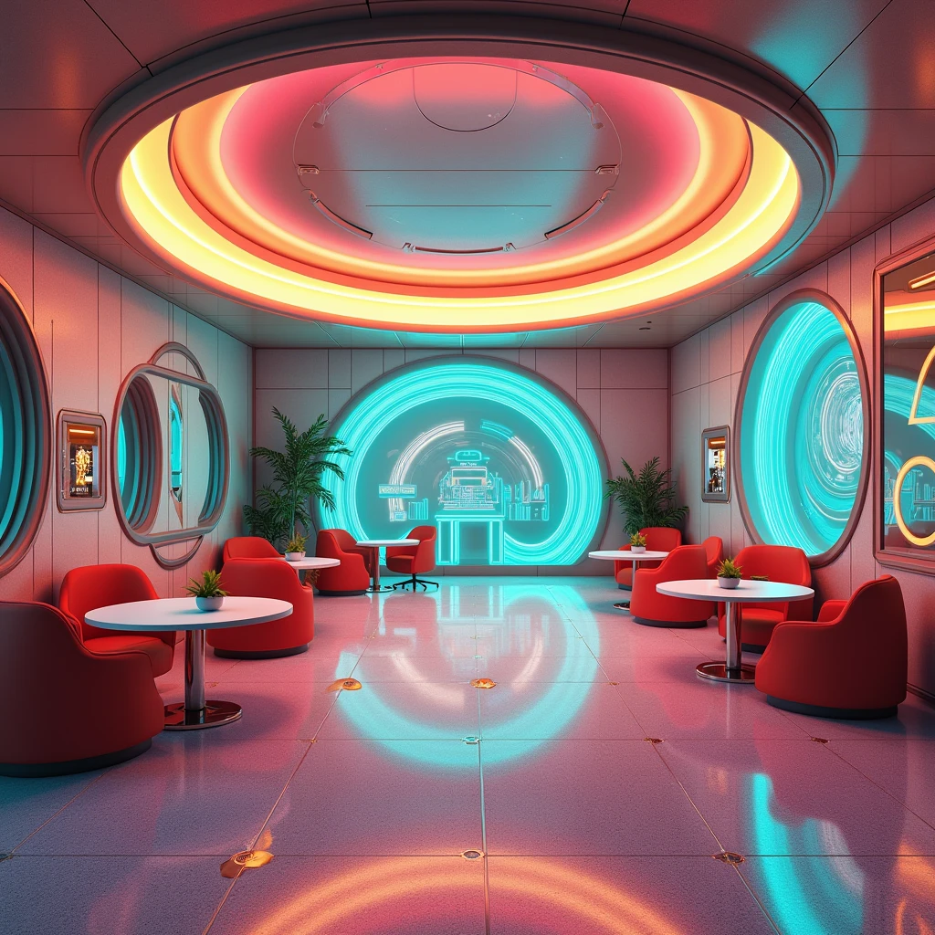 Create a detailed image of an 'Agora Hall' in a retro-futuristic style inspired by the 1950s. The hall should have a large, dome-shaped ceiling with metallic panels that reflect vibrant, neon lights in shades of turquoise, pink, and yellow. The walls should be decorated with geometric patterns and futuristic murals that evoke a sense of optimism and technological progress. The floor should be polished terrazzo with embedded metallic elements that catch the light. Include mid-century modern furniture, such as rounded chairs and tables, in bright, bold colors. Add futuristic consoles and control panels to enhance the theme. The overall scene should blend the sleek, innovative designs of the 1950s with a futuristic twist, creating a space that feels both nostalgic and forward-looking.