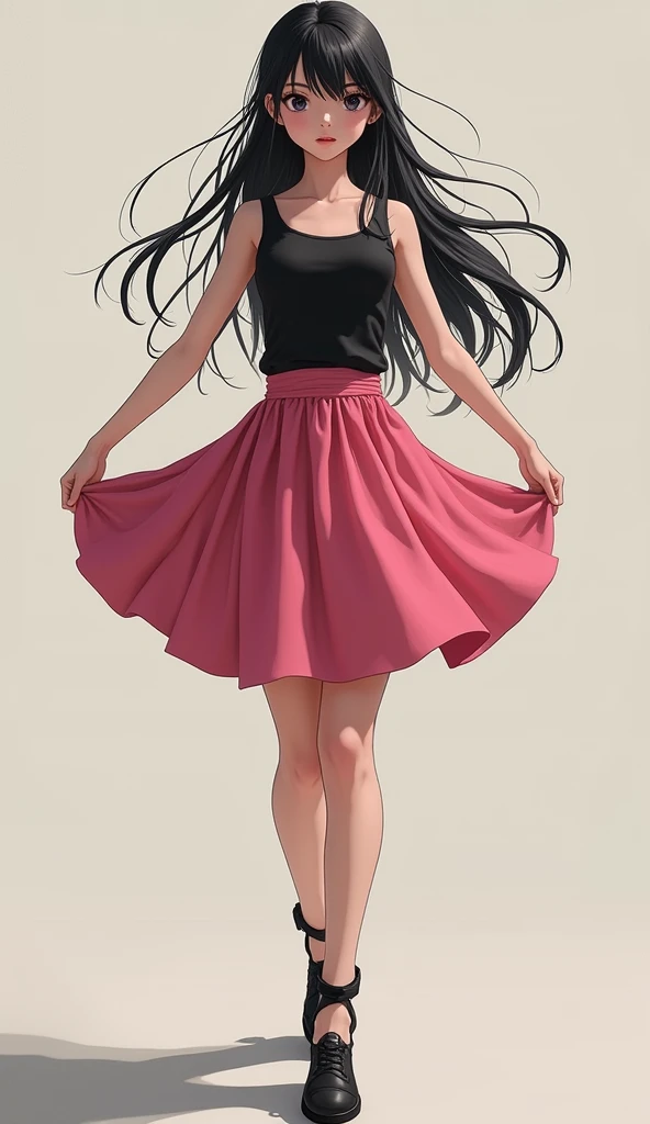 (masterpiece, highest quality:1.2), 1 girl, alone,Are standing_Split, 
, long hair，black sleeveless short vest，pink skirt，black