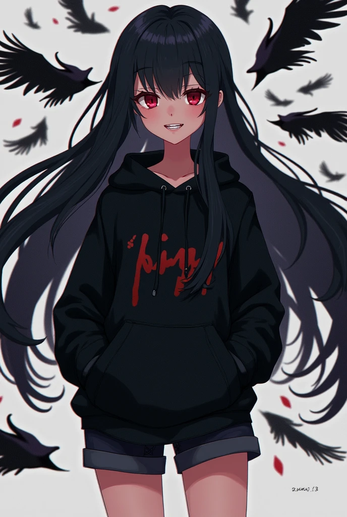 Long Black Hair、Red eyes、Anime Style、Black hoodie、Shorts、15 years old、woman、sexy、Laugh with your teeth showing, in a slightly psychopathic way、Black crow-like feathers