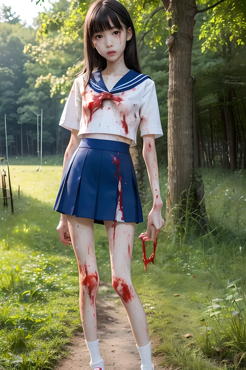 (8K、RAW Photos、highest quality、masterpiece:1.2), (Realistic、Photorealistic:1.2), (High resolution skin:1.1), Beautiful young girl,japanese, ,small breasts,(Slender girl:1.4),(Thin legs:1.5),dark blue mini skirt,sailor suit, White socks, Short sleeve,sneakers, whole body,park,standing,(dirty legs:1.2),(wounds,bloody legs:1.5)
