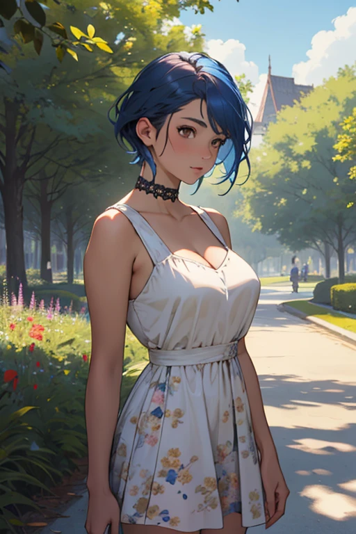 ((((masterpiece, best quality, high resolution)))), Extremely detailed 8K, Beautiful girl with voluptuous body, (Ultra HD, Ultra-detailed, Highly detailed, Highly realistic, Ultra-realistic, photograph realistic), (1girl:1.5), (Realistic blue hair), (short wavy hair, hair ornaments, earrings), (dynamic poses), facing at camera, looking at viewer, (blushing red, embarrassed, smile), (blue eyes, sharp eyes), (big perky breasts:1.2), (beautiful detailed face, beautiful detailed eyes), ((white loose sundress)), (detail pussy), (standing up), sweat, glow, (sunbeam, sunlight), ((cowboy shot)), garden, seductive, naked