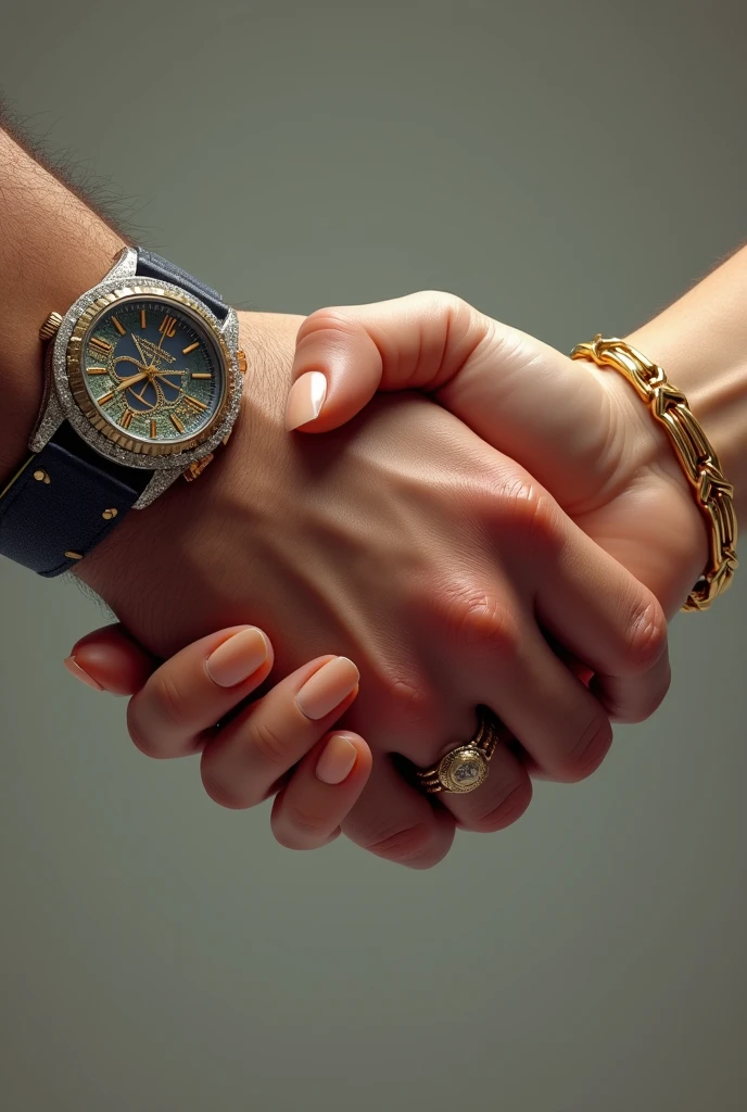 Two hands shaking each other, one veiny male hand with flashy watch without rings and the other female hand with gold bracelet and nice long nails, realist
