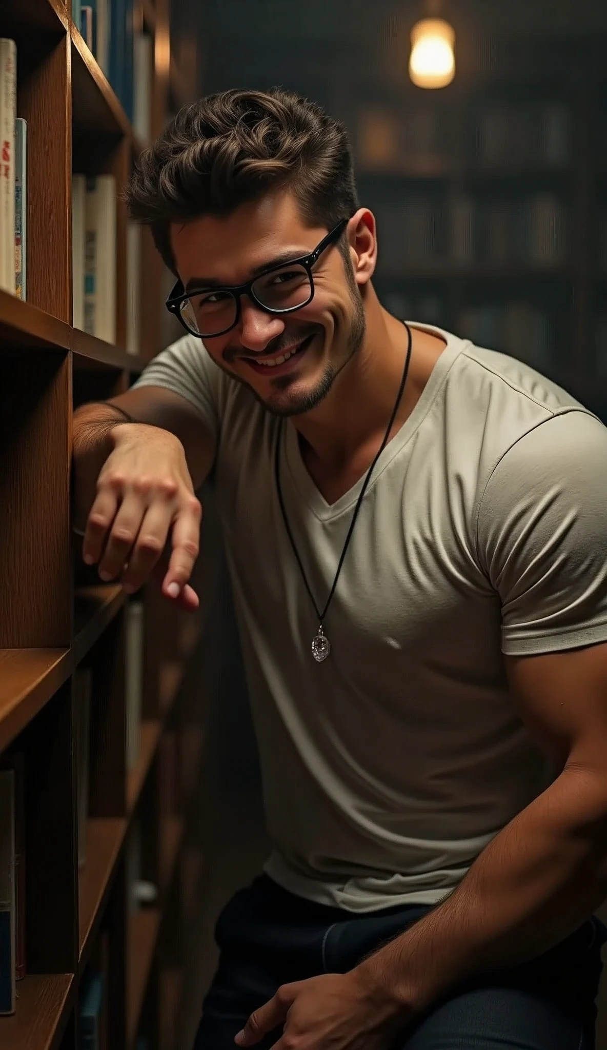 best quality, masterpiece, extremely detailed, masculine, 25 year old muscular bodybuilder man, wearing glasses, innocent round face with soft features, (muscular bodybuilder), very cheeky  smile, fitted clothes, quartz crystal pendant, leaning against bookshelf, reaching one hand towards camera, in library, afterhours, at night, very dim lighting, dark cinematic shadows, dreamy atmosphere, perfect face, perfect hands, perfection