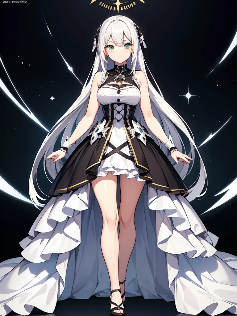 Masterpiece, ultra detailed illustration, ultra detailed, one girl, pitch black background, full body, standing, face and eyes ultra detailed, anime character with long white hair and black dress, god with white hair, from arc knights, cute anime wife in nice dress, white hair, in dress, trending art station on pixiv,. Girls Frontline, white hair, official character art, perfect girl with white hair, white haired woman, (shining sharp emerald eyes), dress is sleeveless, (perfect hands)