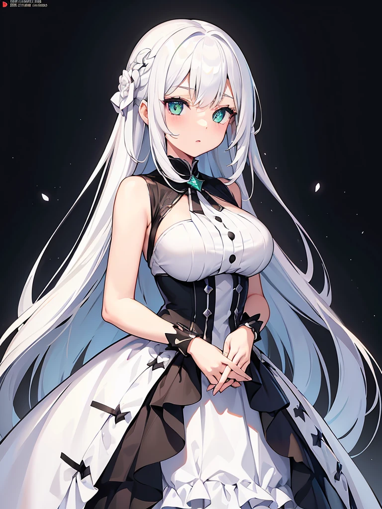 Masterpiece, ultra detailed illustration, ultra detailed, one girl, pitch black background, full body, standing, face and eyes ultra detailed, anime character with long white hair and black dress, god with white hair, from arc knights, cute anime wife in nice dress, white hair, in dress, trending art station on pixiv,. Girls Frontline, white hair, official character art, perfect girl with white hair, white haired woman, (shining sharp emerald eyes), dress is sleeveless, (perfect hands)