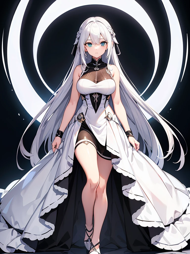 Masterpiece, ultra detailed illustration, ultra detailed, one girl, pitch black background, full body, standing, face and eyes ultra detailed, anime character with long white hair and black dress, god with white hair, from arc knights, cute anime wife in nice dress, white hair, in dress, trending art station on pixiv,. Girls Frontline, white hair, official character art, perfect girl with white hair, white haired woman, (shining sharp emerald eyes), dress is sleeveless, (perfect hands)