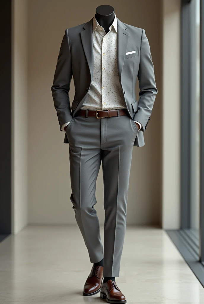 I have a shirt with little pink dots and I want to pair it with a formal light grey suit and elegant brown shoes., The shirt has a black and white line with a design similar to flowers but that is hidden when pointed at, create an image with that description