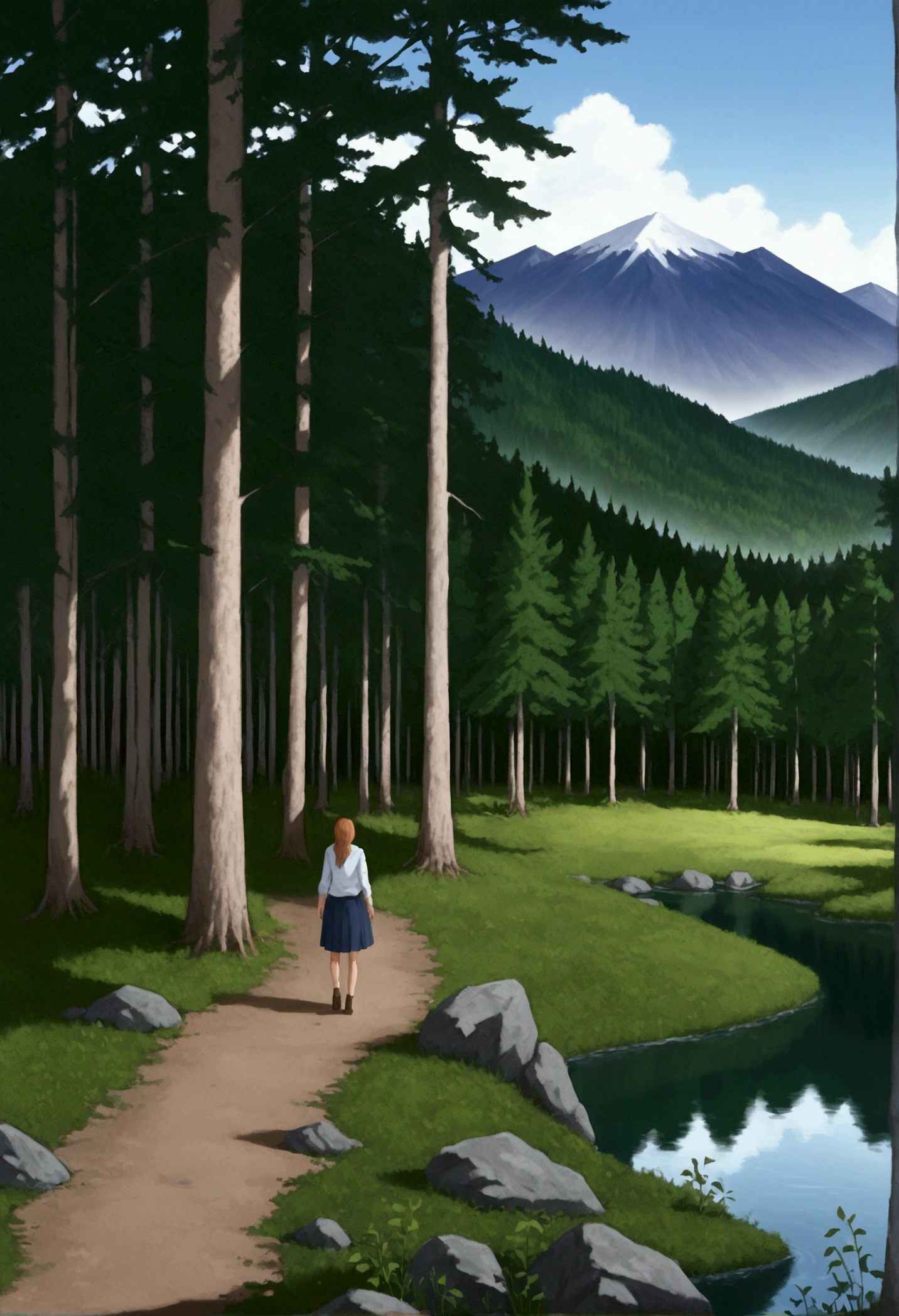 high resolution, masterpiece, high quality, HD, Focus on a young woman's face, Human Model, Overlooking Large forest from Back, mountain landscape, forest, nature, river