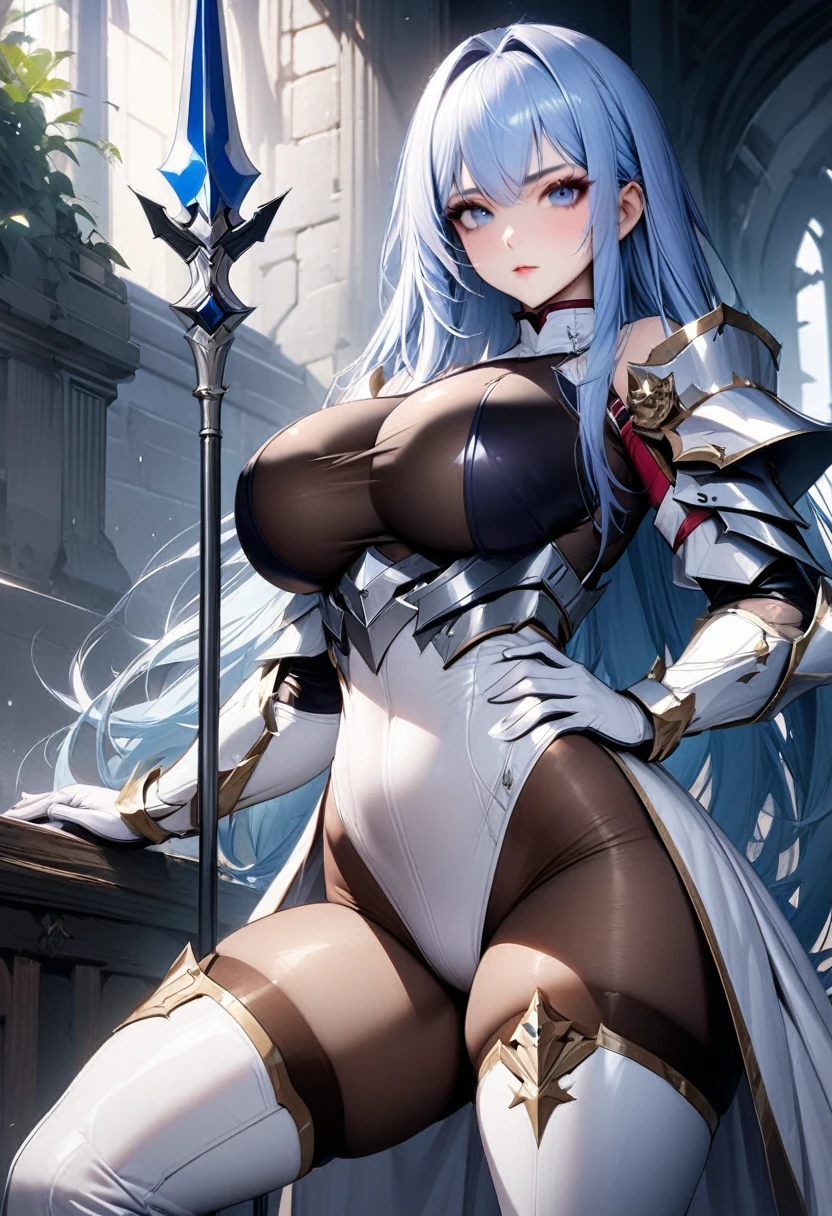 ((highest quality)), ((masterpiece)), ((hyperrealistic)), (solo), 1girl, ((curvy)), ((skindantation: 1.2)), perfect face, ((Azur Lane)), ((armored dress: 1.2)), ((paladin armor)), ((skin-tight high neck white leotard: 1.4)), ((white knight armor breastplate)), ((skin-tight black Investigator Bodystocking)), ((large pauldron)), (long gauntlet gloves), ((light blue hair straight long hair)), ((large breasts that look like they might burst)), (pantyhose thighs), (white knee-high boots), ((see through cleavage cutout)), zettai ryouiki, beautiful blue eyes, Perfect hands, perfect fingers, A magical spear decorated with luxurious goldwork., prepare a spear, makeup, put hands hip, spread legs