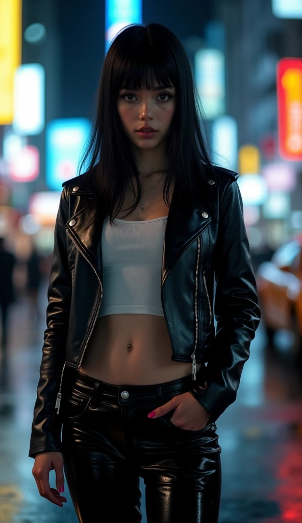 best quality, high quality, ultra quality, 8k, masterpiece, detailed, extremely detailed, insanely detailed, ultra detailed, ultra highres ,exquisite,
lifelike Images,cinematic experience,UHD picture,Realistic,photorealistic,hyperrealistic,vivid,RAW photo,shot by DSLR, One girl, (black leather jacket:1.3), white tank top, black leather pants, cyberpunk city,Long straight black hair,Glaring at me,Midnight,Left hand in pocket,Smoking a cigarette