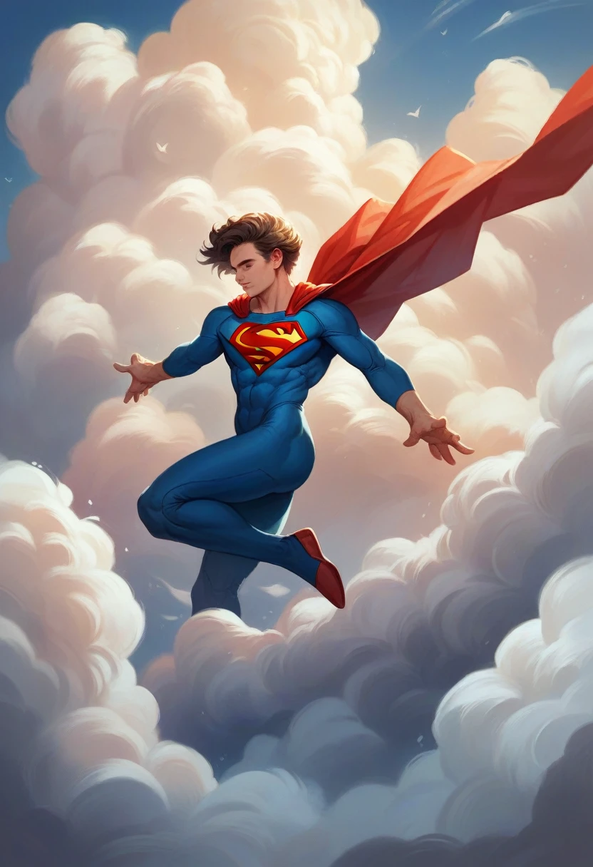 Create a photorealism image o Superman levitating in the clouds, uhd, fullbody image, fluffy clouds, ultra-detailed, ultrarealistic, K