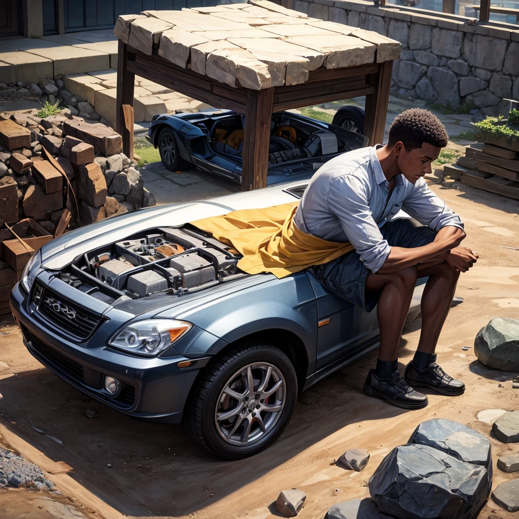 A poor black boy building a car out of stones