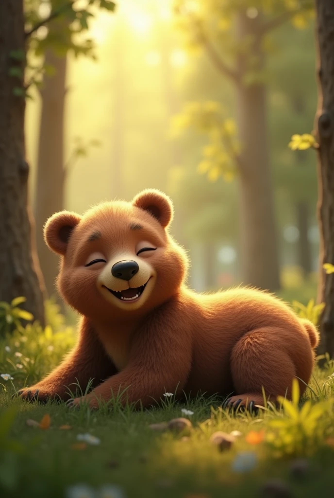Highest quality Animated cute baby bear smiling with mouth closed, lying on his side in the forest with eyes closed Natural light 3d