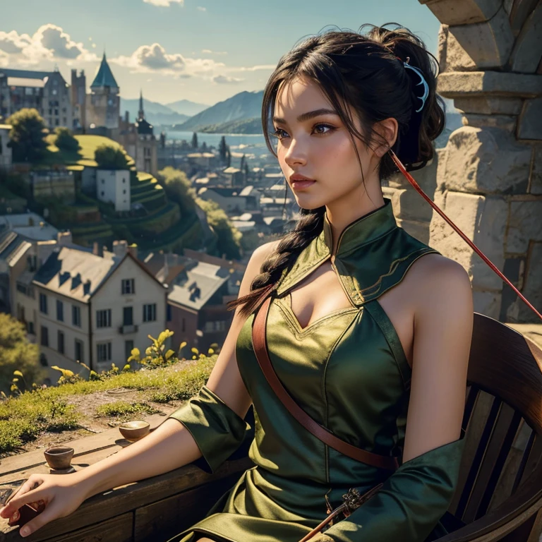 (​masterpiece, best quality:1.5), highest quality, High resolution, super detailed, Realists, Upper body photo of a black-haired archer, detailed and beautiful eyes, beautiful detailed lips, very detailed eyes and face, longeyelashes, Archer in shiny satin dress, Simple details in the fabric. Beautiful and colorful makeup, ponytail hairstyle, Gardens as background, bright daylight, bright colors, fine brushstrokes, Portrait style, beautiful color palette, glowing skin, First-class rendering, that captures every detail, enchanting atmosphere, (perfect anatomy:1.2), (The stunning archer holds a bow.  (magnificent panorama view:1.2)