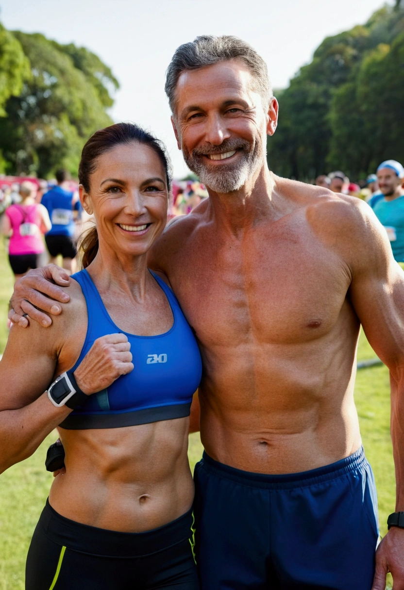 athletic 40 year old woman wearing sports bra at running race. posing for photo with 20 year shirtless man. arms around each other. smiling