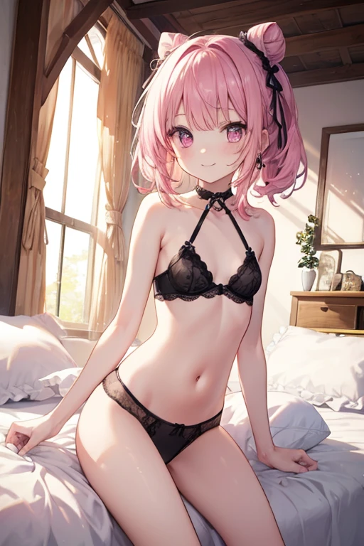 Pink hair Pink eyes、 girl、Small breasts、Hair Bun、girl、Small breasts、Bright smile、Looks about 、Petan Musume、He is short、Sexy Lingerie