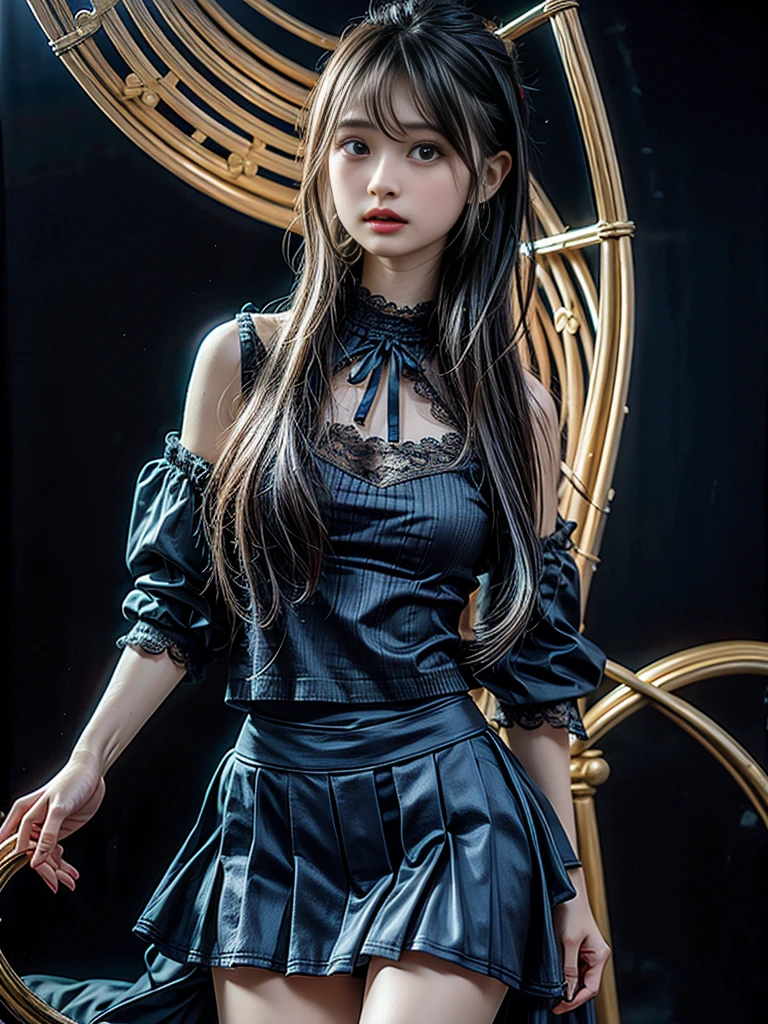 (Highest quality, High resolution, Realistic:1.2), Dramatic lighting, Oil, Detailed skin texture, long flowing hair, Elegant pose, Bright colors, Fine brushwork, Portraiture, Realistic makeup, Strong gaze, Delicate features, Complex background, Professional illustrations、((Lace fabric 1.5)))、Small breasts 1.5、See-through dresses 1.4、Tie your hair、mini skirt、Tube top、