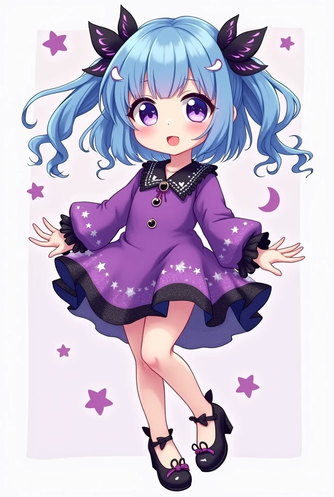Adorable 6 year old anime girl wearing a bright purple kawaii dress with stars and moons and a shiny black skirt with star decorations and some shoes with a small shiny black heel with very kawaii decorations with bat wings and little ears on her head Sonic style very adorable and her beautiful bright blue hair and her white skin and her bright purple eyes.