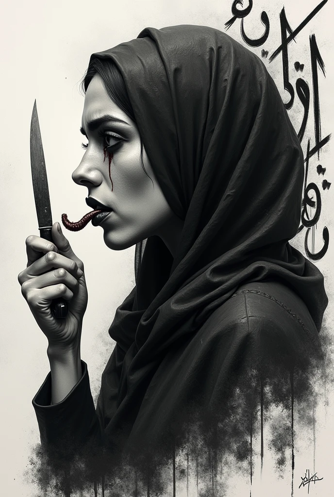 side view drawing of a beautiful arab woman covering half her face with a sad look, forked tongue, crying blood and with a knife in his hand, around it a shaded gradient with graffitied Arabic characters forming an art , drawing as if it were a black and white tattoo