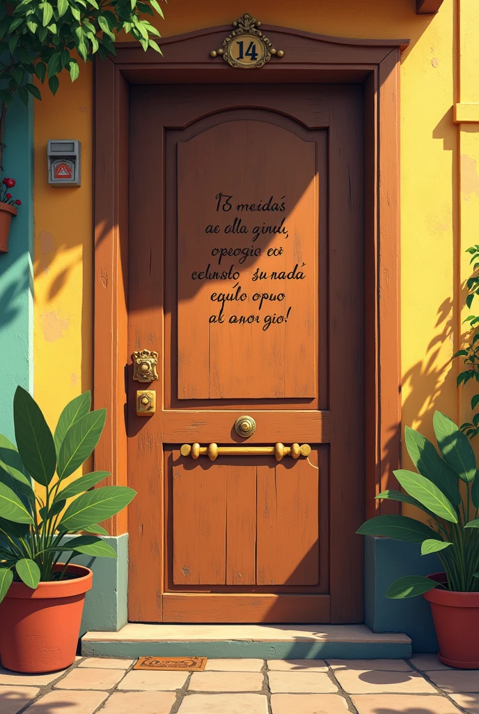 Create a pixar image of a brown door of apartment number 14 , with text written in Brazilian Portuguese daily of the new home