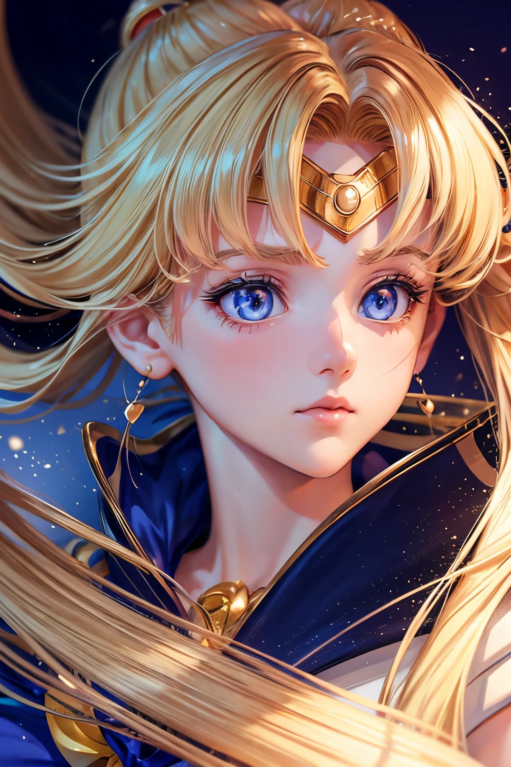 Sailor Moon, 1 Girl, Blonde Hair, Long Hair, Blue Eyes, Detailed Eyes, Single Focus, Single Background, Female Focus, Usagi Tsukino, Portrait,, (Masterpiece:1.0), (Best Quality:1.0 ), (8k Wallpaper:1.0), (Detailed Beautiful Face:1.0), (Detailed Eyes), Deep Eyes, Looking At Viewer,