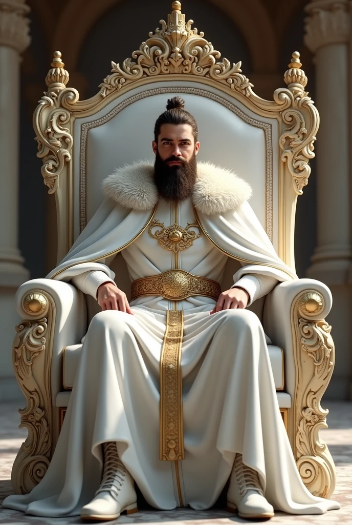 Young king with beard sitting on his white throne 