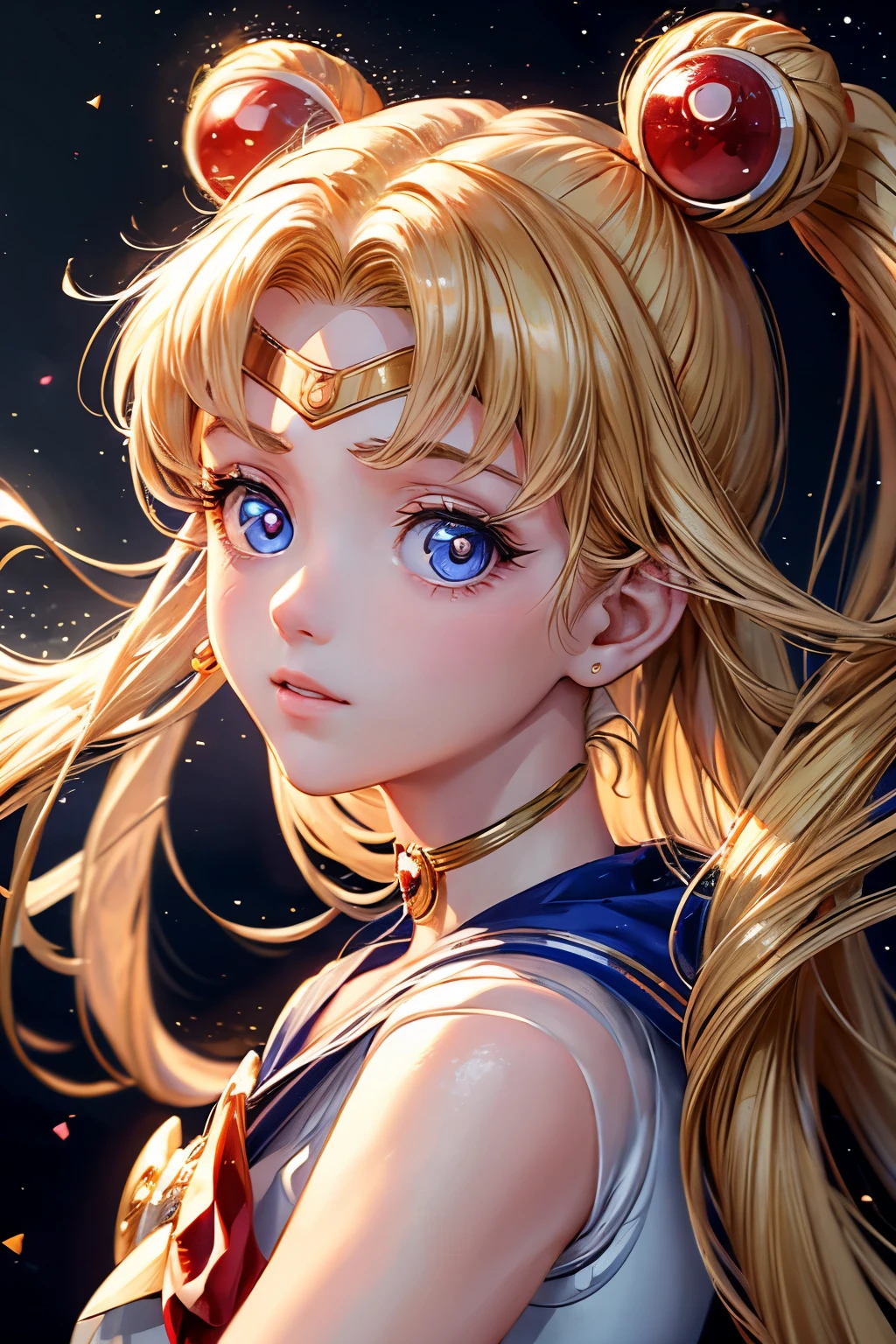 Sailor Moon, 1 Girl, Blonde Hair, Long Hair, Blue Eyes, Detailed Eyes, Single Focus, Single Background, Female Focus, Usagi Tsukino, Portrait,, (Masterpiece:1.0), (Best Quality:1.0 ), (8k Wallpaper:1.0), (Detailed Beautiful Face:1.0), (Detailed Eyes), Deep Eyes, Looking At Viewer,