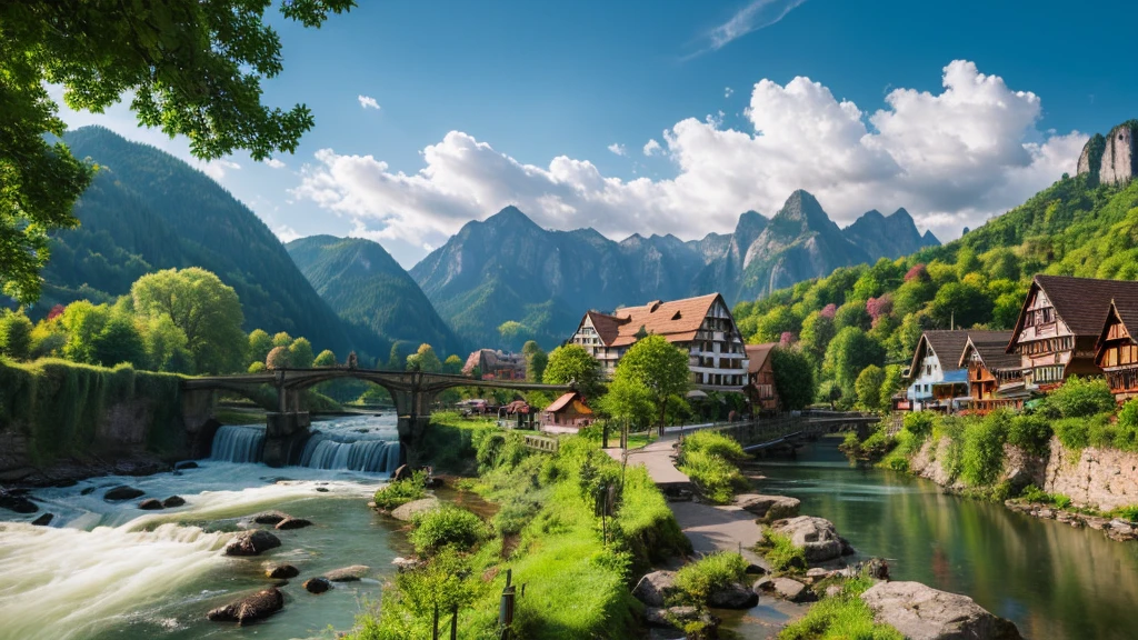 Old German village, mystical nature, Rivers, Mountains and forests, waterfall, cloud, Photorealistic photos, It's not 8k. Aerial view.