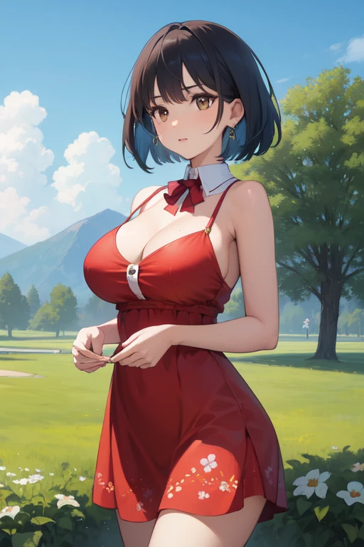 ((Best Quality)), ((masterpiece)), (detailed), 1 girl with a short floral dress with a neckline and blue hair ,Brown hair, Brown eyes, a landscape of a park, big breasts, ((Front view))