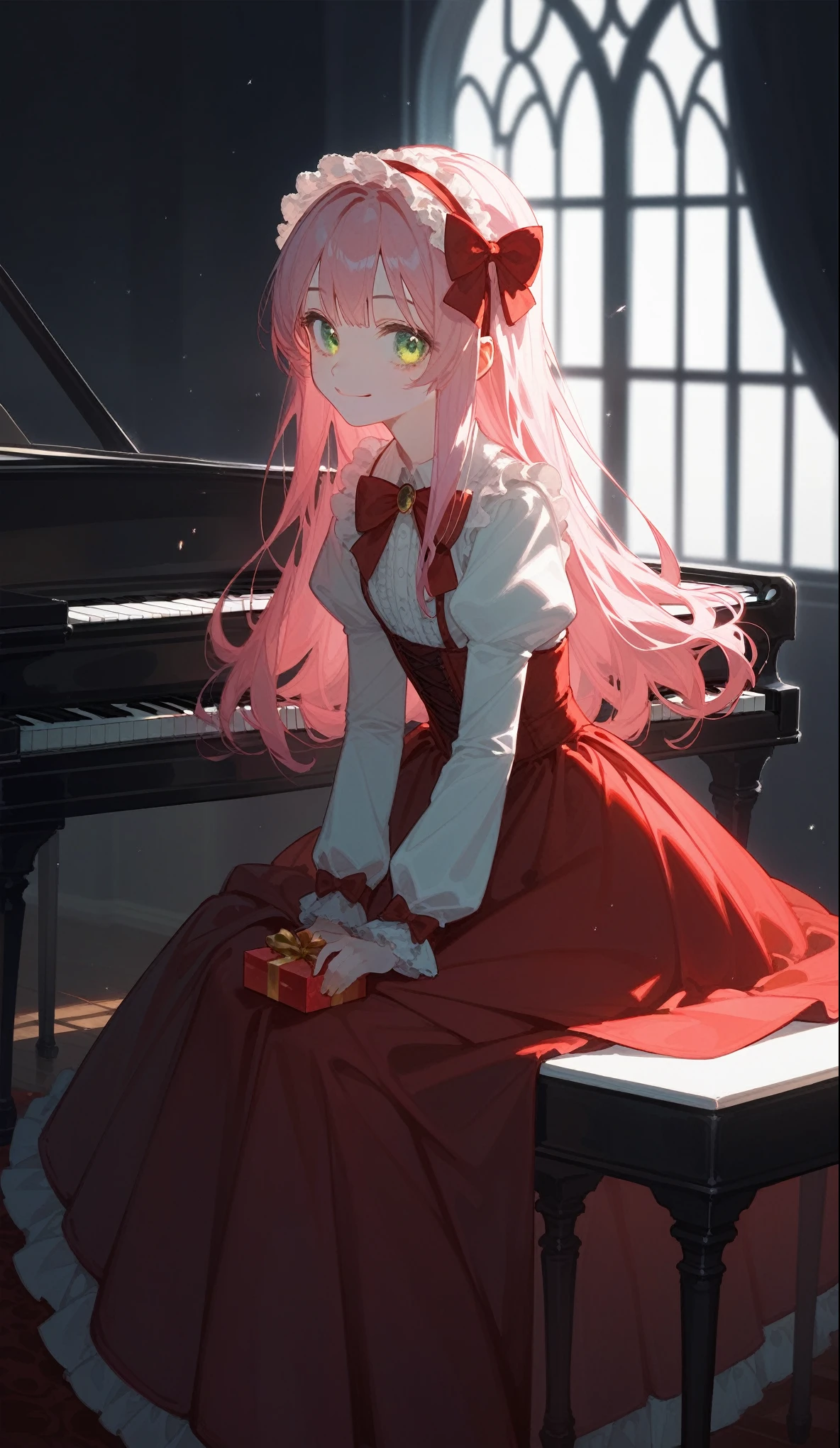 A young girl,Extra-long pink hair,Wearing a big red bow on her head,ta,Long skirt,Puff sleeves,Lace,Green Eyes,Smile,gift box,Movie Lighting,window,indoor,moonlight,Blood on the face1.3,Sitting on the piano with my knees hugged,Backlight,Movie Lighting,Horror represses