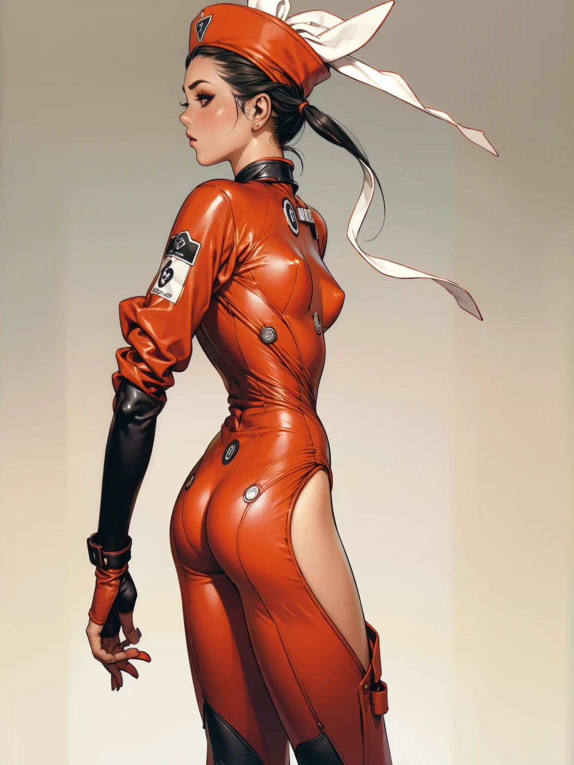 (((back view))), (((perfect ass))), (best qualityer))), ((redheadwear)), (((short arms))), ((( nurse suit ))), (((bandaged arms))), ((high collar)), (((black with red details))), (((best qualityer: 1.4))), (Unbeatable masterpiece), (hiper HD),(CG 8k hyper-realistic), (((brave face))), (((breasts big))), (((hyper feminine))), sexly girl, Tron,（black bob hair)), ((( sculptural body ))), (((1 Kizi))), Kizi cibernética de 25 anos com perfectbody,,Beautiful and well-groomed face,muscular body:1.2,solid color detailed jacket, (Head to thigh photos)， Complex equipment, green dark，Long pants，Tight clothes are dark，With white stars and off-white stripes,,,,,Armor Metal Electronic Parts, Poison tattoos ) INFO, Kizi, (((standing alone))), pirralha violent, (((***))), sexly, pose de atitude, work of art, post-apocalypse, (((manga style))), bounty hunter, violent, Manic, the way you want, slenderbody, thin but strong, perfectbody, roupa moderna, advanced technology, neon, sleeves with vertical striped pattern, neutral background, (( cowboy shot )). intricate visual