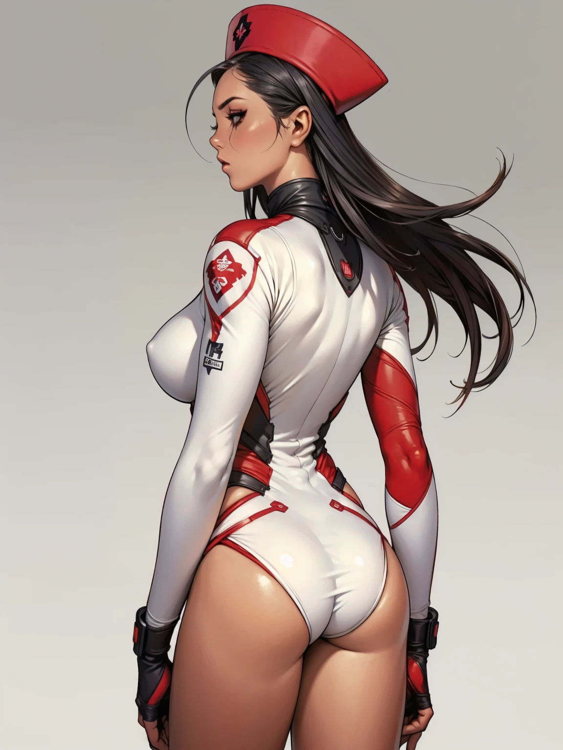 (((back view))), (((perfect ass))), (best qualityer))), ((redheadwear)), (((short arms))), ((( nurse suit ))), (((bandaged arms))), ((high collar)), (((black with red details))), (((best qualityer: 1.4))), (Unbeatable masterpiece), (hiper HD),(CG 8k hyper-realistic), (((brave face))), (((breasts big))), (((hyper feminine))), sexly girl, Tron,（black bob hair)), ((( sculptural body ))), (((1 Kizi))), Kizi cibernética de 25 anos com perfectbody,,Beautiful and well-groomed face,muscular body:1.2,solid color detailed jacket, (Head to thigh photos)， Complex equipment, green dark，Long pants，Tight clothes are dark，With white stars and off-white stripes,,,,,Armor Metal Electronic Parts, Poison tattoos ) INFO, Kizi, (((standing alone))), pirralha violent, (((14歳))), sexly, pose de atitude, work of art, post-apocalypse, (((manga style))), bounty hunter, violent, Manic, the way you want, slenderbody, thin but strong, perfectbody, roupa moderna, advanced technology, neon, sleeves with vertical striped pattern, neutral background, (( cowboy shot )). intricate visual