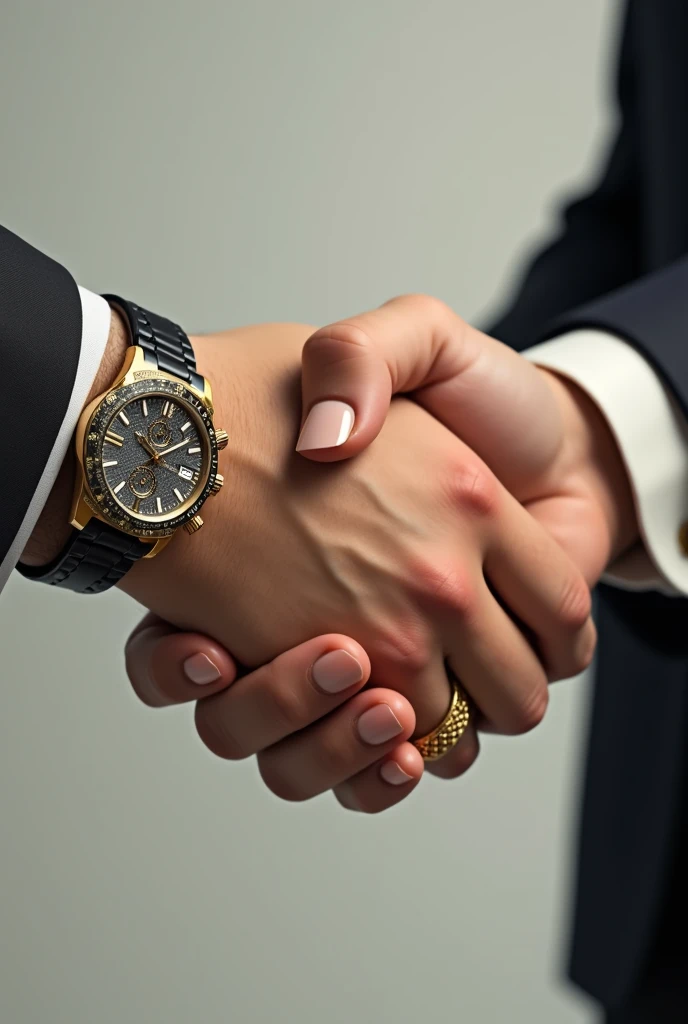 Two hands shaking each other, one veiny male hand with flashy watch and the other female hand with gold bracelet and nice long nails, realist
