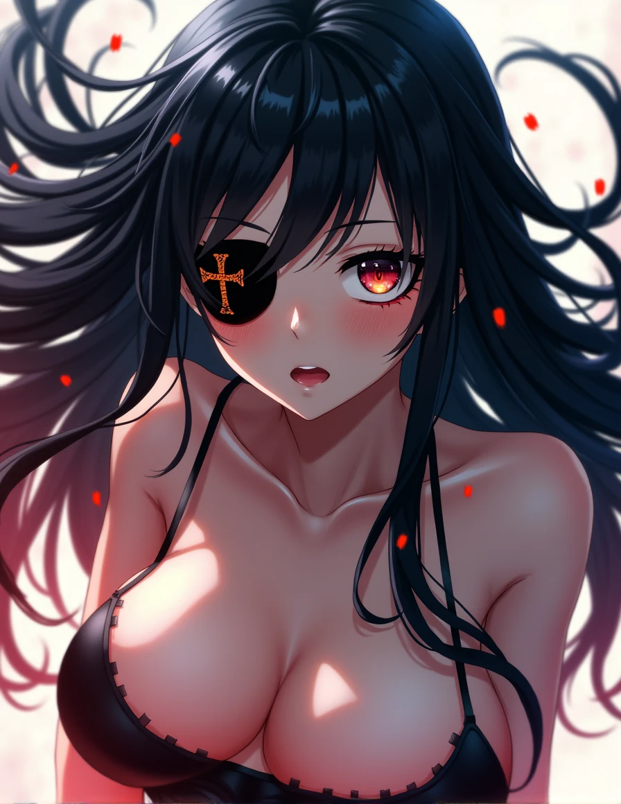 anime girl, black eye patch with a cross printed on it, Bblack hair, Unclothed