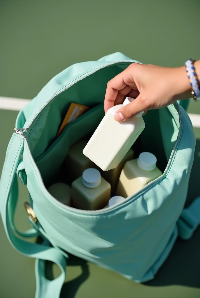 Hand with sports bracelet puts small square milk carton into open light green shoulder bag,Backlight,Photography,Vertical Image,zoom in,A corner of the tennis court,There are some sundries in the backpack