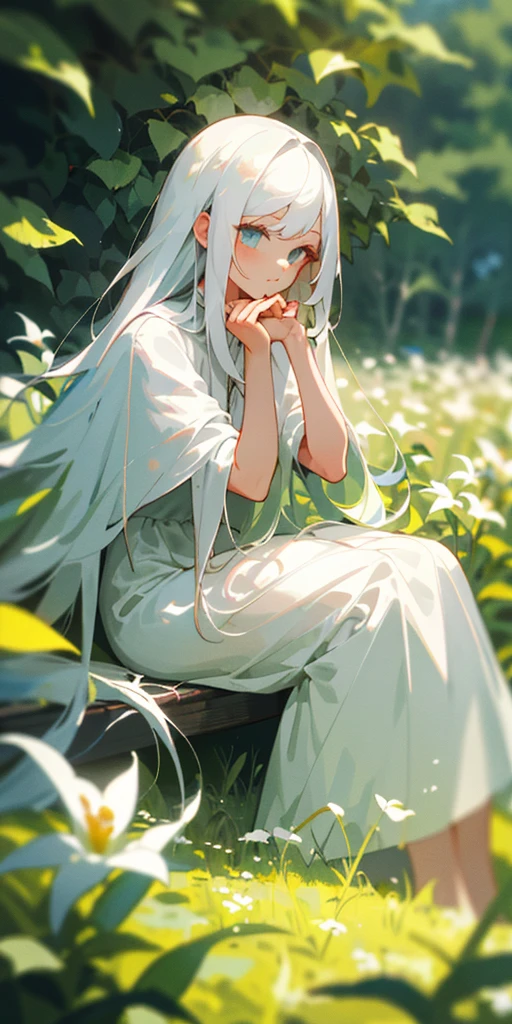 (masterpiece, best quality),1girl with long white hair sitting in a field of green plants and flowers, her hand under her chin, warm lighting, white dress, blurry foreground