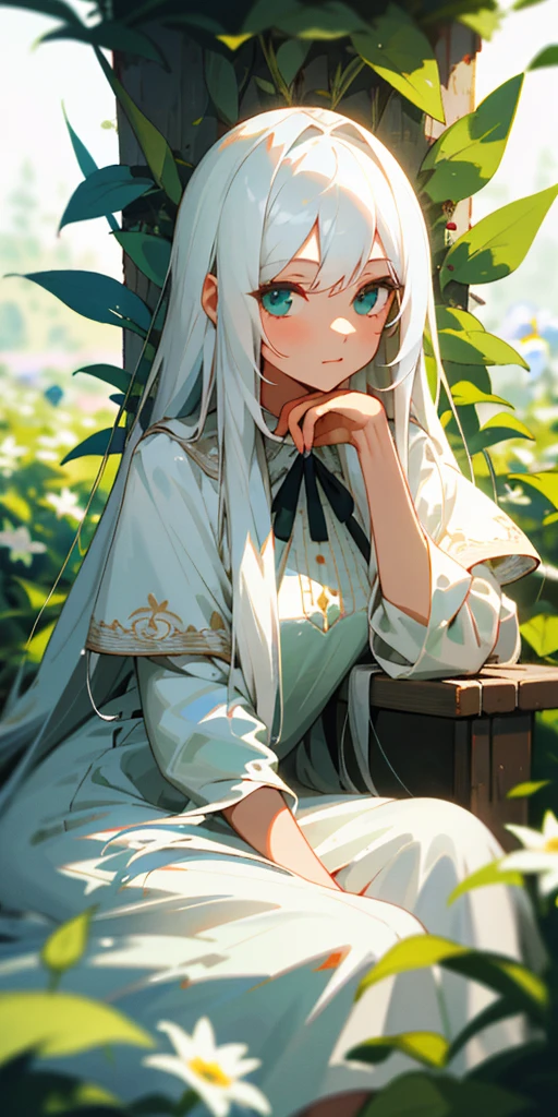 (masterpiece, best quality),1girl with long white hair sitting in a field of green plants and flowers, her hand under her chin, warm lighting, white dress, blurry foreground