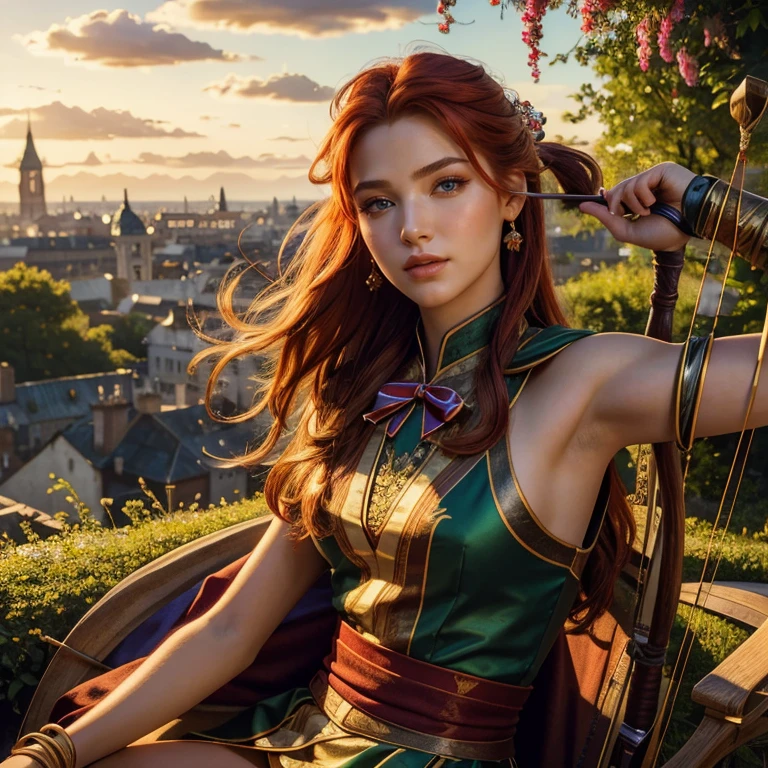 (masterpiece, best quality:1.5), highest quality, High resolution, super detailed, Realists, Upper body photo of a red-haired archer, detailed and beautiful eyes, beautiful detailed lips, very detailed eyes and face, longeyelashes, Archer in shiny satin dress, Simple details in the fabric. Beautiful and colorful makeup, open hair, Gardens as background, bright daylight, bright colors, fine brushstrokes, Portrait style, beautiful color palette, glowing skin, First-class rendering, that captures every detail, enchanting atmosphere, (perfect anatomy:1.2), (The stunning archer holds a bow. (magnificent panorama view:1.2)
