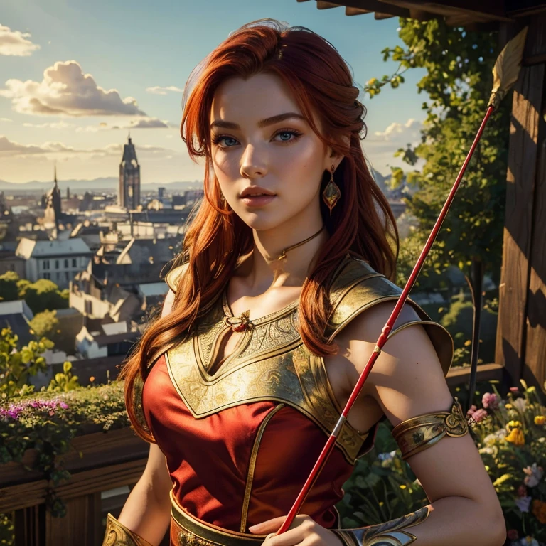 (masterpiece, best quality:1.5), highest quality, High resolution, super detailed, Realists, Upper body photo of a red-haired archer, detailed and beautiful eyes, beautiful detailed lips, very detailed eyes and face, longeyelashes, Archer in shiny satin dress, Simple details in the fabric. Beautiful and colorful makeup, open hair, Gardens as background, bright daylight, bright colors, fine brushstrokes, Portrait style, beautiful color palette, glowing skin, First-class rendering, that captures every detail, enchanting atmosphere, (perfect anatomy:1.2), (The stunning archer holds a bow. (magnificent panorama view:1.2)