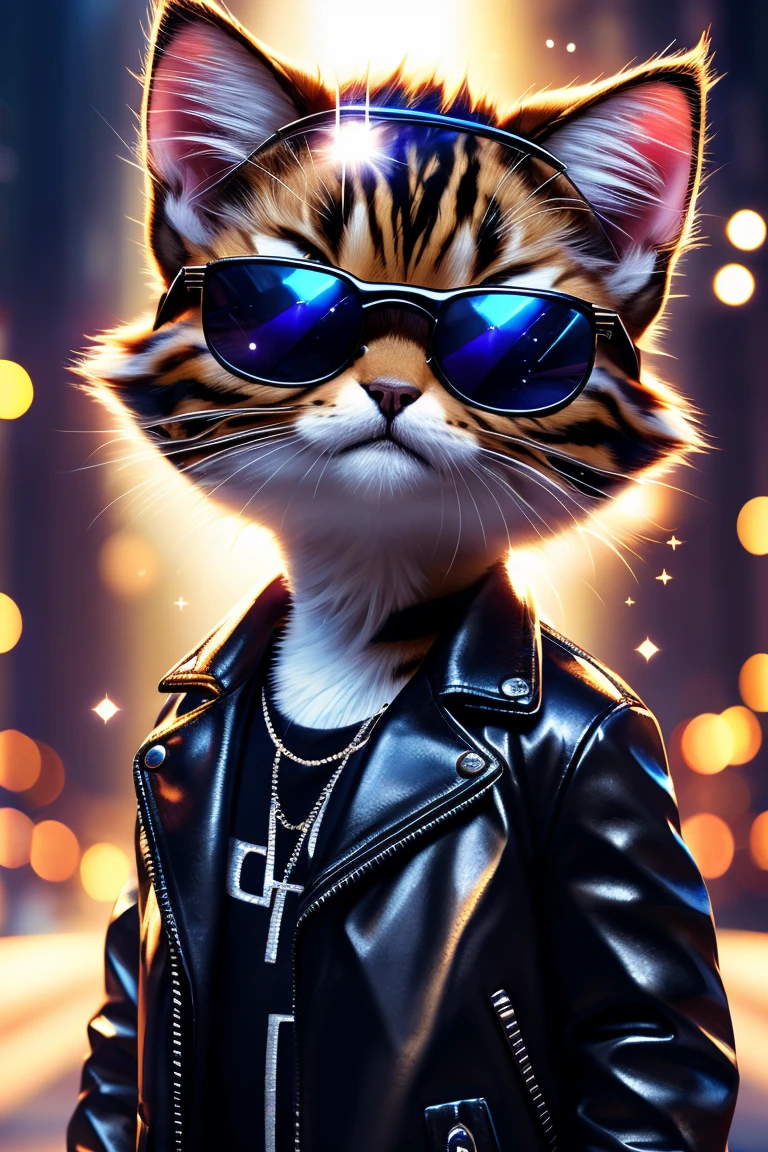 (Highest quality、masterpiece、8k))、Anatomically correct、Very detailed、High resolution、Cinematic lighting、Realistic、((Beautiful, sparkling, detailed eyes))、Intricate details、((Dynamic composition))、Cute kitten、Big head、Black Leather Jacket、Ray-Ban Sunglasses