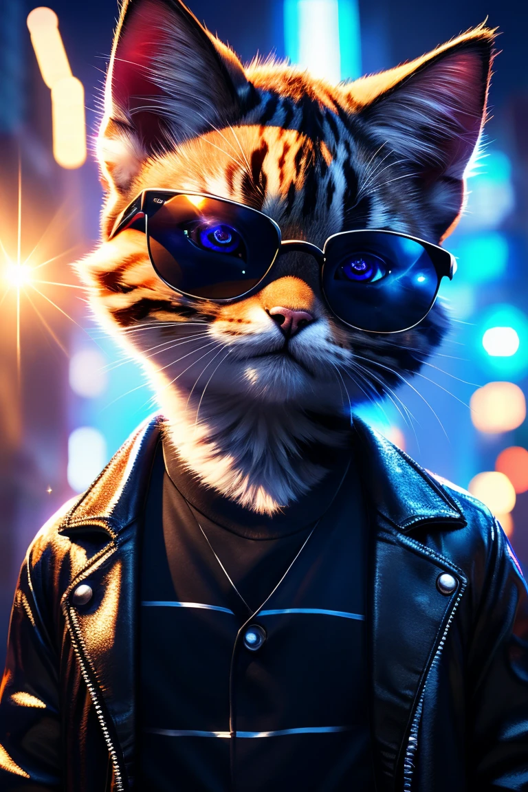 (Highest quality、masterpiece、8k))、Anatomically correct、Very detailed、High resolution、Cinematic lighting、Realistic、((Beautiful, sparkling, detailed eyes))、Intricate details、((Dynamic composition))、Cute kitten、Big head、Black Leather Jacket、Ray-Ban Sunglasses